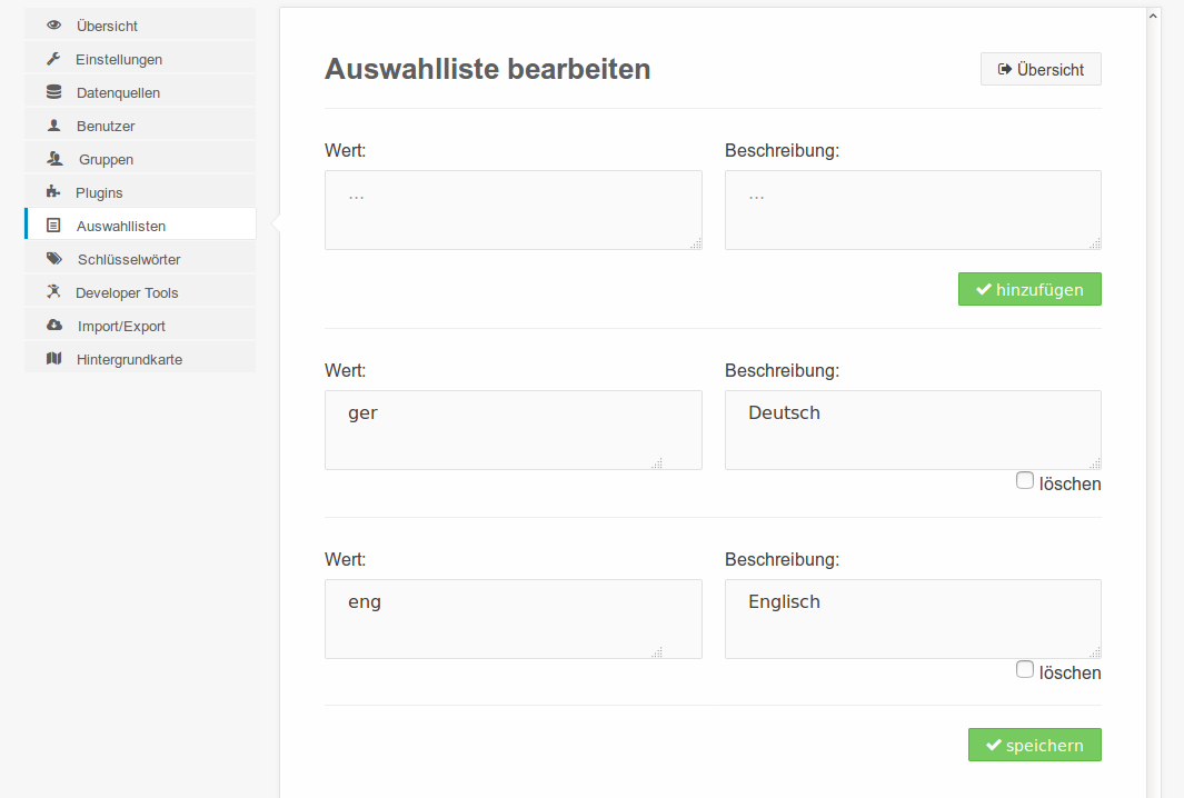 Beispiel Auswahlliste Sprache, Anpassung in den Einstellungen
