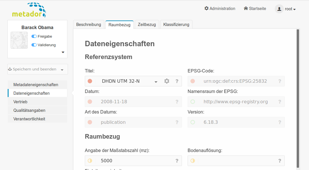 Formular Datensatz Dateneigenschaften Raumbezug