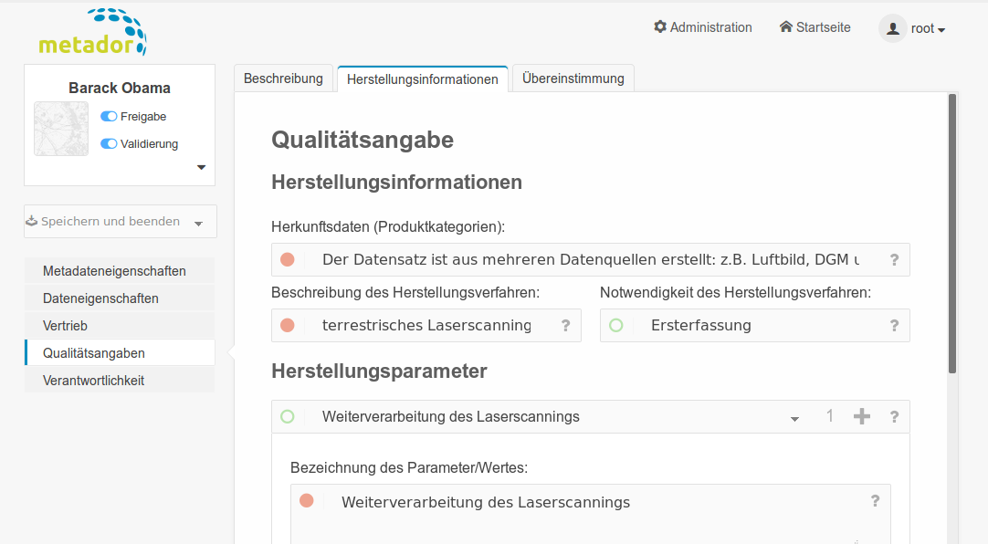 Formular Datensatz Qualitätsangaben Herstellungsinformationen