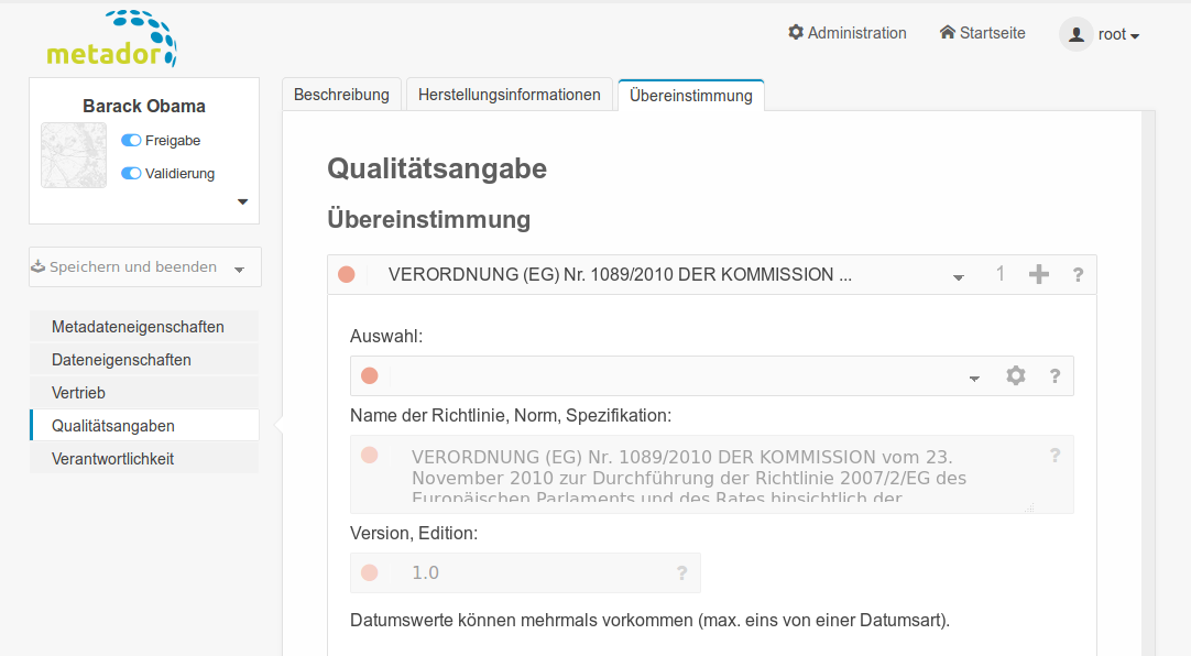 Formular Datensatz Qualitätsangaben Übereinstimmung