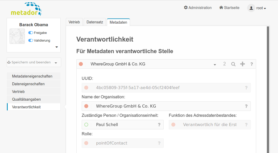 Formular Datensatz Verantwortlichkeit Metadaten