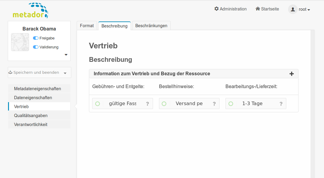 Formular Datensatz Vertrieb Beschreibung